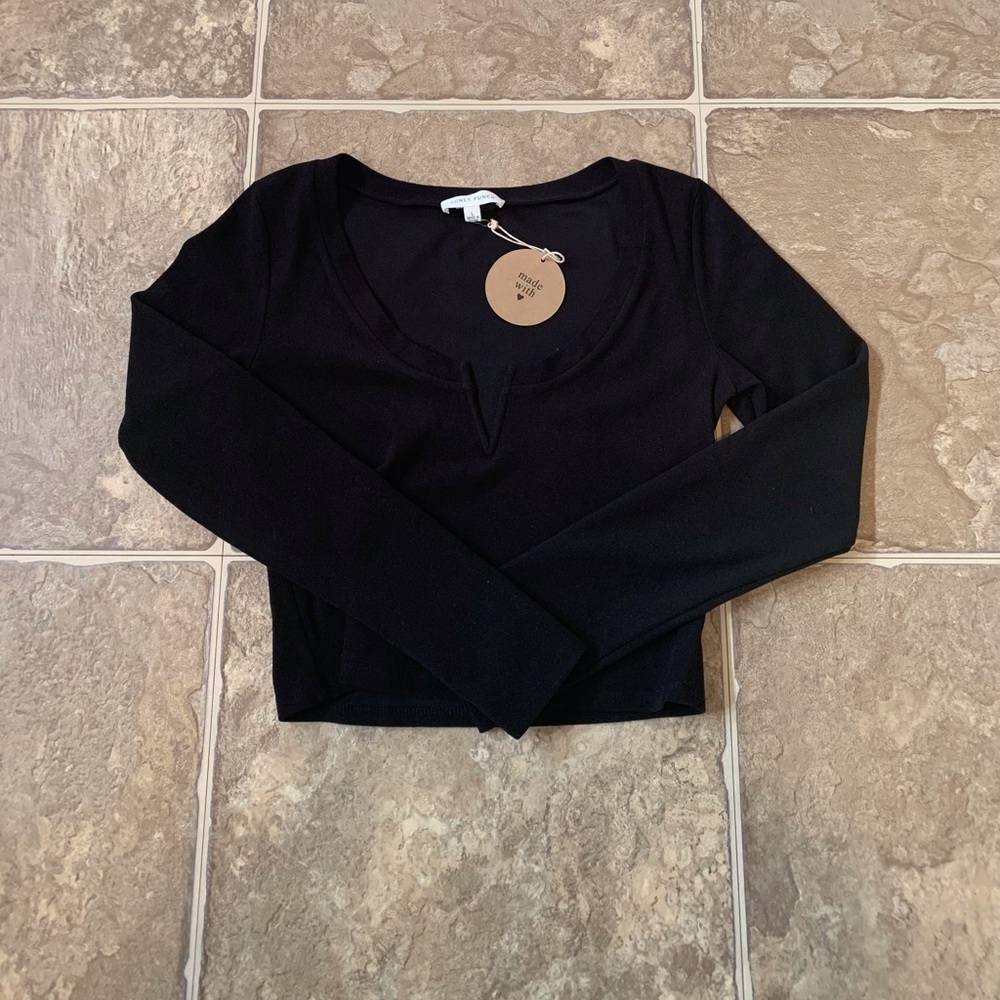 Black, Wide Neck, Long Sleeve, Semi Cropped Top